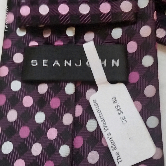 Sean John Tie Necktie Silk Purple Black and Pink Geometric Square Formal Tag - Picture 3 of 12